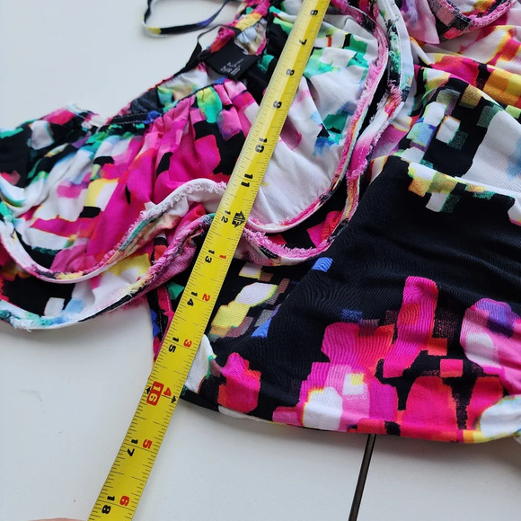 H&M Womens Dress sz 4 One Shoulder Bright Abstract Print Midi Ruffle Pink White - Picture 9 of 13